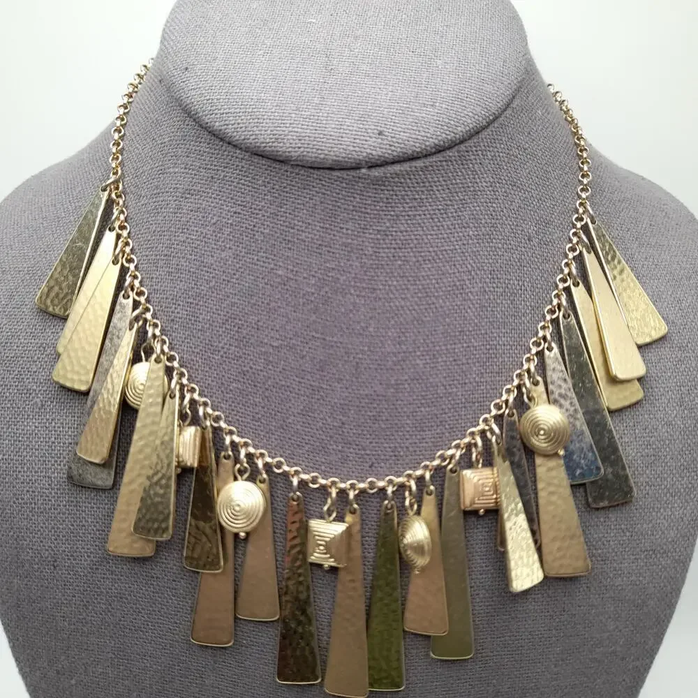 Chico's Gold Metal Fringe Necklace, Swirled Charm Accents, 18 1/2